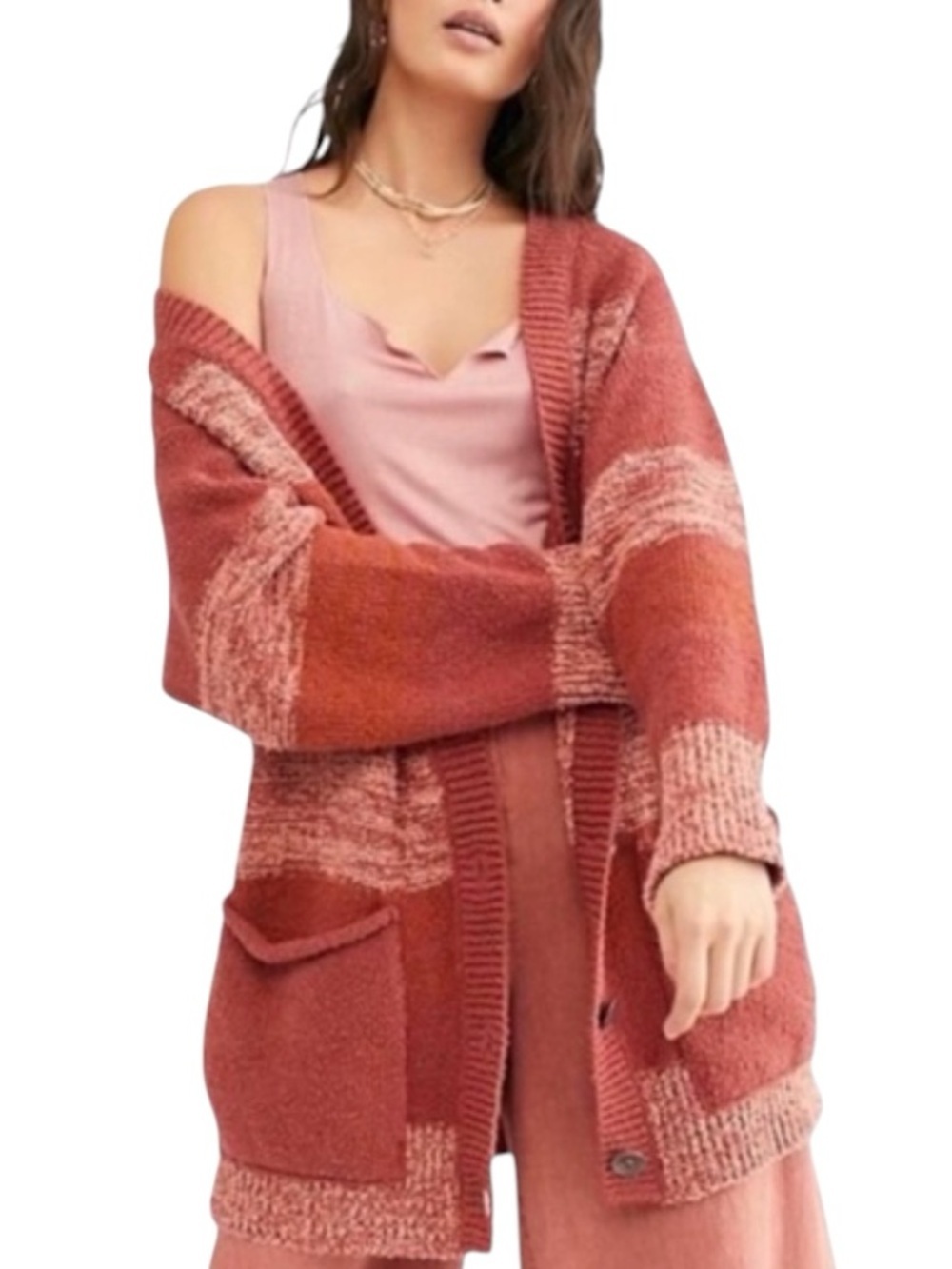 Free People Southport Beach Cardigan Chunky Knit Oversized In Blushes Combo XS - Picture 3 of 14